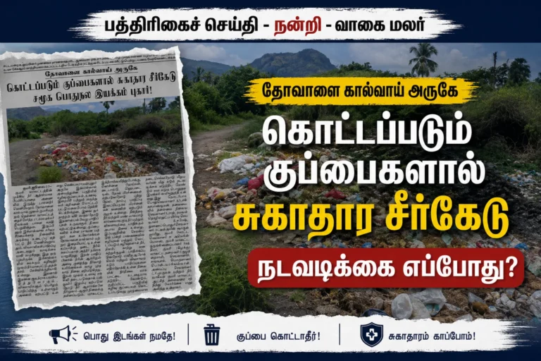 பத்திரிகைச்செய்தி- நன்றி-வாகை மலர். தோவாளை கால்வாய் அருகே கொட்டப்படும் குப்பைகளால் சுகாதார சீர்கேடு – நடவடிக்கை எப்போது?